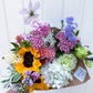 Bouquet with yarrow, sunflowers, dahlias, hydrangea.