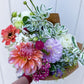 Bouquet with dahlias, yarrow, and zinnias.