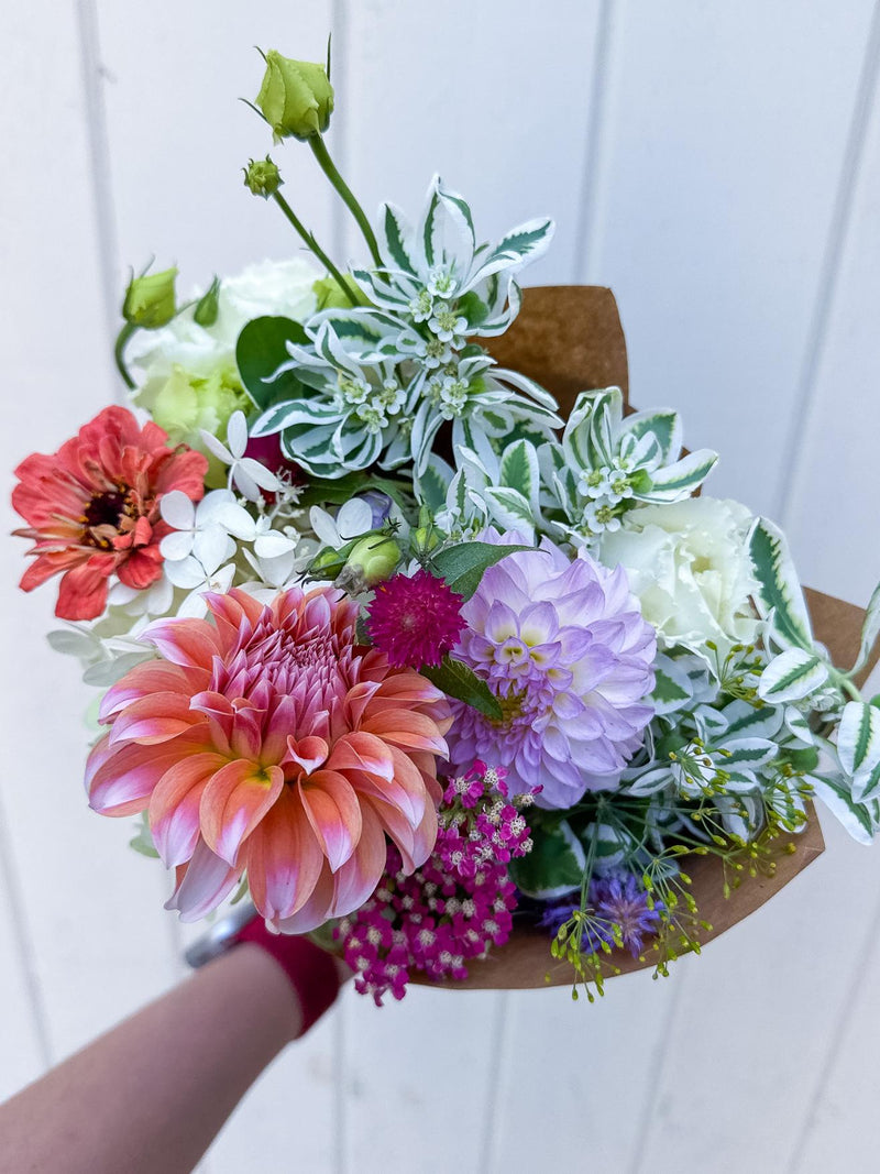 Bouquet with dahlias, yarrow, and zinnias.