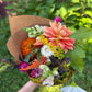 Bouquet with dahlias, zinnias, cosmos, celosia.