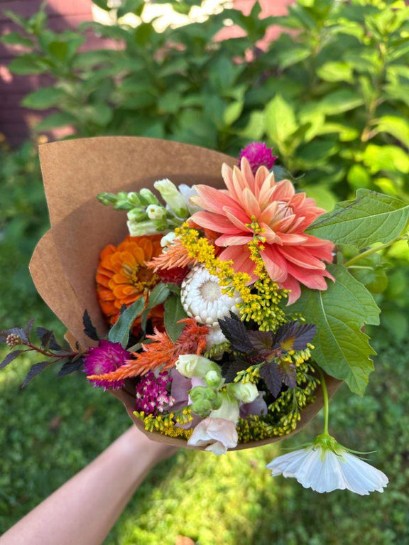 Bouquet with dahlias, zinnias, cosmos, celosia.